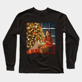 Cat and Christmas Tree Long Sleeve T-Shirt